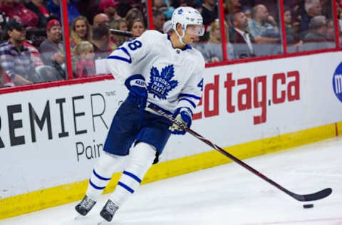 OTTAWA, ON – SEPTEMBER 18: Toronto Maple Leafs defenseman Calle Rosen (48) skates the puck around the net during second period National Hockey League preseason action between the Toronto Maple Leafs and Ottawa Senators on September 18, 2017, at Canadian Tire Centre in Ottawa, ON, Canada. (Photo by Richard A. Whittaker/Icon Sportswire via Getty Images)