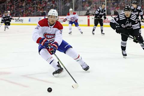 Apr 7, 2022; Newark, New Jersey, USA; Montreal Canadiens center Rem Pitlick. Mandatory Credit: Ed Mulholland-USA TODAY Sports