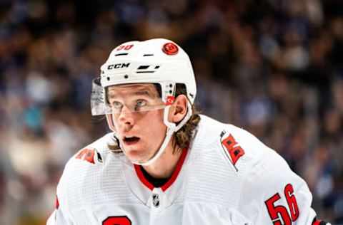 TORONTO, ON – DECEMBER 23: Erik Haula #56 of the Carolina Hurricanes sets for a face-off against the Toronto Maple Leafs during the third period at the Scotiabank Arena on December 23, 2019 in Toronto, Ontario, Canada. (Photo by Kevin Sousa/NHLI via Getty Images)