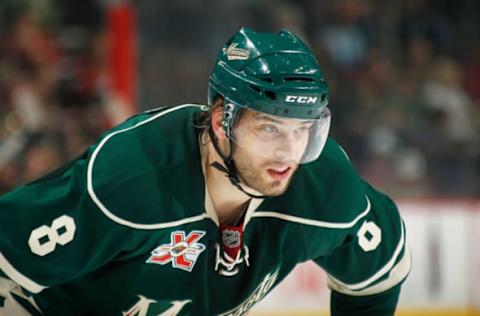 SAINT PAUL, MN – APRIL 02: Brent Burns #8 of the Minnesota Wild prepares for a face-off against the Tampa Bay Lightning during the game at Xcel Energy Center on April 2, 2011 in Saint Paul, Minnesota. (Photo by Bruce Kluckhohn/NHLI via Getty Images)