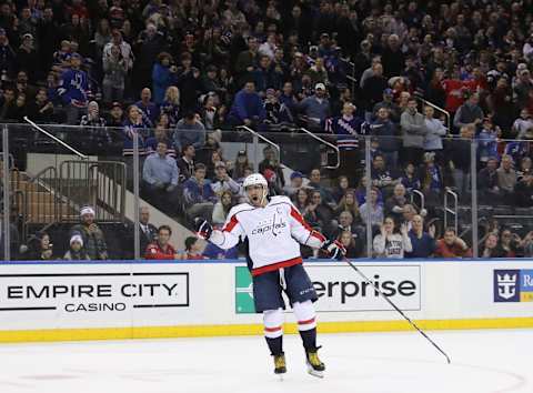 NEW YORK, NEW YORK – MARCH 03: Alex Ovechkin #8 of the Washington Capitals argues for an automatic goal after Alexandar Georgiev #40 of the New York Rangers let go of his goaltender’s stick during the shoot-out at Madison Square Garden on March 03, 2019 in New York City. The Capitals were awarded a goal on the play and defeated the Rangers 3-2.(Photo by Bruce Bennett/Getty Images)