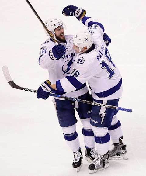 BOSTON – MARCH 23: Tampa Bay Lightning right wing Nikita Kucherov (86) celebrates his empty netter that sealed the 6-3 loss for the Bruins. The Boston Bruins host the Tampa Bay Lightning at TD Garden in Boston on Mar. 23, 2017. (Photo by Barry Chin/The Boston Globe via Getty Images)