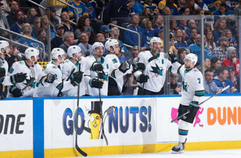 ST. LOUIS, MO – MAY 21: San Jose Sharks center Dylan Gambrell #7 is congratulated after scoring a goal against the St. Louis Blues in Game Six of the Western Conference Final during the 2019 NHL Stanley Cup Playoffs at Enterprise Center on May 21, 2019 in St. Louis, Missouri. (Photo by Scott Rovak/NHLI via Getty Images)