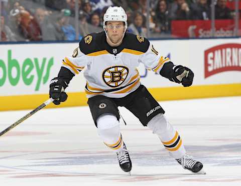 TORONTO, ON – NOVEMBER 26: Anders Bjork #10 of the Boston Bruins skates against the Toronto Maple Leafs during an NHL game at Scotiabank Arena on November 26, 2018 in Toronto, Ontario, Canada. The Maple Leafs defeated the Bruins 4-2. (Photo by Claus Andersen/Getty Images)