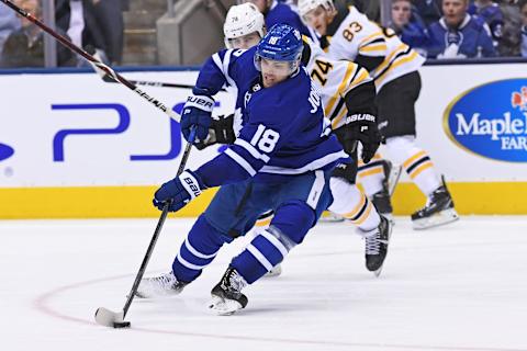 TORONTO, ON – APRIL 15: Toronto Maple Leafs Left Wing Andreas Johnsson (18) controls the puck during Game 3 of the First round NHL Playoffs between the Boston Bruins and Toronto Maple Leafs on April 15, 2019 at Scotiabank Arena in Toronto, ON.(Photo by Gerry Angus/Icon Sportswire via Getty Images)