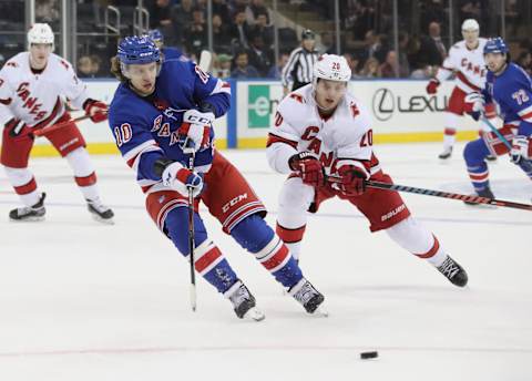 NEW YORK, NEW YORK – NOVEMBER 27: Artemi Panarin #10 of the New York Rangers skates against the Carolina Hurricanes at Madison Square Garden on November 27, 2019 in New York City. The Rangers defeated the Hurricanes 3-2. (Photo by Bruce Bennett/Getty Images)