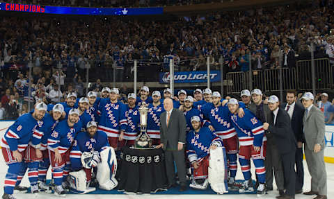 New York Rangers with the prince of whales trophy as they win 1-0 against the Montreal Canadiens. in game 6 of the Eastern Conference Stanley Cup Finals at Madison Square Garden (Photo By: Andrew Theodorakis/NY Daily News via Getty Images)