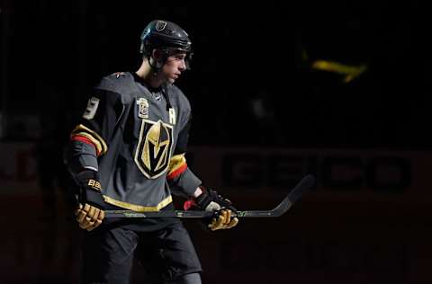 LAS VEGAS, NV – DECEMBER 23: Reilly Smith #19 of the Vegas Golden Knights look before the game against the Washington Capitals at T-Mobile Arena on December 23, 2017, in Las Vegas, Nevada. (Photo by David Becker/NHLI via Getty Images)