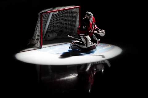 Mar 17, 2016; Glendale, AZ, USA; Arizona Coyotes goalie Mike Smith (41) looks on prior to the game against the San Jose Sharks at Gila River Arena. Mandatory Credit: Matt Kartozian-USA TODAY Sports