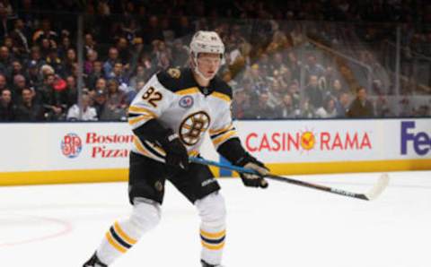 TORONTO, ONTARIO – NOVEMBER 15: Trent Frederic #82 of the Boston Bruins skates against the Toronto Maple Leafs at the Scotiabank Arena on November 15, 2019 in Toronto, Ontario, Canada. (Photo by Bruce Bennett/Getty Images)