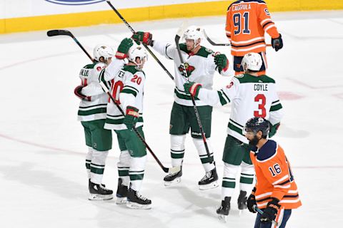 EDMONTON, AB – OCTOBER 30: Eric Staal #12, Mikael Granlund #64, Ryan Suter #20 and Charlie Coyle #3 of the Minnesota Wild celebrate after a goal during the game against the Edmonton Oilers on October 30, 2018 at Rogers Place in Edmonton, Alberta, Canada. (Photo by Andy Devlin/NHLI via Getty Images)