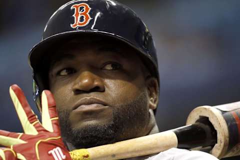 Jun 27, 2016; St. Petersburg, FL, USA; Boston Red Sox designated hitter David Ortiz (34) on deck to bat during the seventh inning against the Tampa Bay Rays at Tropicana Field. Tampa Bay Rays defeated the Boston Red Sox 13-7. Mandatory Credit: Kim Klement-USA TODAY Sports