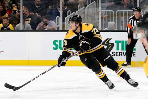 BOSTON, MA – SEPTEMBER 25: Boston Bruins right defenseman Charlie McAvoy (73) carries the puck during a preseason game between the Boston Bruins and the New Jersey Devils on September 25, 2019, at TD Garden in Boston, Massachusetts. (Photo by Fred Kfoury III/Icon Sportswire via Getty Images)