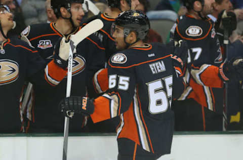 DALLAS, TX – NOVEMBER 26: Emerson Etem #65 of the Anaheim Ducks celebrates his goal against the Dallas Stars in the first period at American Airlines Center on November 26, 2013, in Dallas, Texas. (Photo by Ronald Martinez/Getty Images)