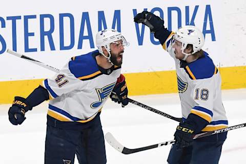 SAN JOSE, CALIFORNIA – MAY 13: Robert Bortuzzo #41 of the St. Louis Blues celebrates his goal against the San Jose Sharks with Robert Thomas #18 in Game Two of the Western Conference Final during the 2019 NHL Stanley Cup Playoffs at SAP Center on May 13, 2019 in San Jose, California. (Photo by Thearon W. Henderson/Getty Images)