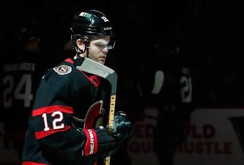 Jan 20, 2023; Pittsburgh, Pennsylvania, USA; Ottawa Senators right wing Alex DeBrincat (12) takes the ice against the Pittsburgh Penguins during the first period at PPG Paints Arena. Mandatory Credit: Charles LeClaire-USA TODAY Sports