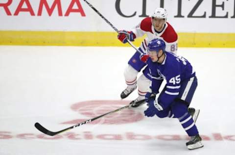 TORONTO, ON- SEPTEMBER 25 – Toronto Maple Leafs center Miro Aaltonen (45) skates by Montreal Canadiens defenseman Brandon Davidson (88) as the Toronto Maple Leafs play the Montreal Canadiens in NHL pre-season action at the Ricoh Coliseum in Toronto. September 25, 2017. (Steve Russell/Toronto Star via Getty Images)