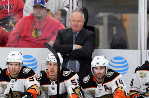 CHICAGO, IL – OCTOBER 23: Anaheim Ducks Randy Carlyle looks on in the 3rd period of game action during an NHL game between the Chicago Blackhawks and the Anaheim Ducks on October 23, 2018 at the United Center in Chicago, Illinois. (Photo by Robin Alam/Icon Sportswire via Getty Images)