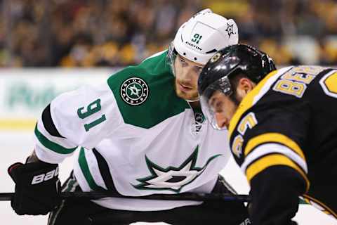 BOSTON, MA – FEBRUARY 10: Tyler Seguin #91 of the Dallas Stars prepares to face off against Patrice Bergeron #37 of the Boston Bruins during the second period at TD Garden on February 10, 2015 in Boston, Massachusetts. The Stars defeat the Bruins 5-3. (Photo by Maddie Meyer/Getty Images)