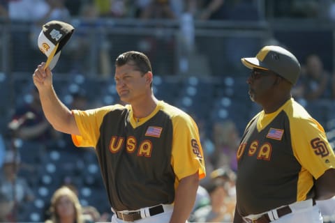 SAN DIEGO, CA – JULY 10: Trevor Hoffman of the U.S. Team waves to the crowd during introductions before the SiriusXM All-Star Futures Game at PETCO Park on July 10, 2016 in San Diego, California. (Photo by Sean M. Haffey/Getty Images)