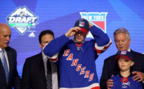 VANCOUVER, BRITISH COLUMBIA – JUNE 21: Kaapp Kakko smiles after being selected second overall by the New York Rangers during the first round of the 2019 NHL Draft at Rogers Arena on June 21, 2019 in Vancouver, Canada. (Photo by Bruce Bennett/Getty Images)