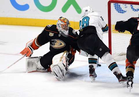 ANAHEIM, CA – MARCH 22: San Jose Sharks leftwing Timo Meier (28) scores a goal past Anaheim Ducks goalie John Gibson (36) in the third period of a game played on March 22, 2019 at the Honda Center in Anaheim, CA. (Photo by John Cordes/Icon Sportswire via Getty Images)