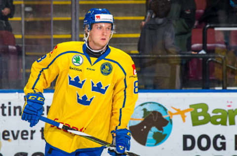 KELOWNA, BC – DECEMBER 18: Rasmus Sandin #8 of Team Sweden warms up against the Team Russia at Prospera Place on December 18, 2018 in Kelowna, Canada. (Photo by Marissa Baecker/Getty Images)