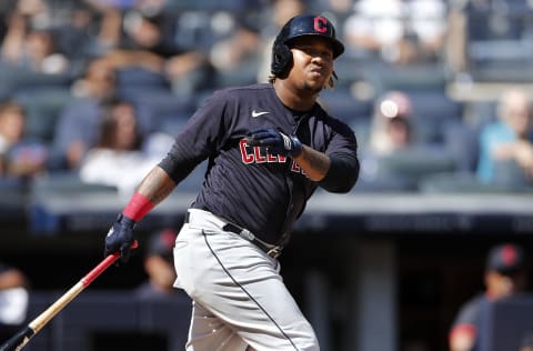 NEW YORK, NEW YORK – SEPTEMBER 18: Jose Ramirez #11 of the Cleveland Indians in action against the New York Yankees at Yankee Stadium on September 18, 2021 in New York City. The Indians defeated the Yankees 11-3. (Photo by Jim McIsaac/Getty Images)