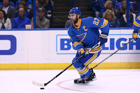 Mar 25, 2017; St. Louis, MO, USA; St. Louis Blues defenseman Alex Pietrangelo (27) skates with the puck during the first period against the Calgary Flames at Scottrade Center. Mandatory Credit: Billy Hurst-USA TODAY Sports