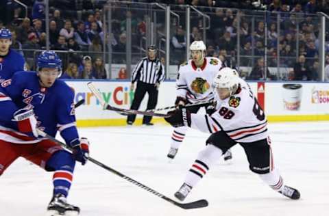 NEW YORK, NY – JANUARY 03: Patrick Kane #88 of the Chicago Blackhawks takes the first-period shot against the New York Rangers at Madison Square Garden on January 3, 2018, in New York City. (Photo by Bruce Bennett/Getty Images)