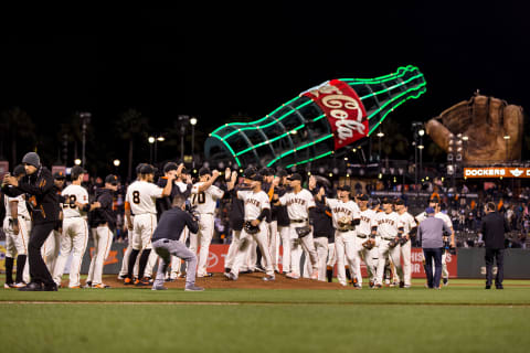 Sep 27, 2016; San Francisco, CA, USA; The San Francisco Giants celebrate their win over the Colorado Rockies at AT&T Park. The Giants won 12-3. Mandatory Credit: John Hefti-USA TODAY Sports