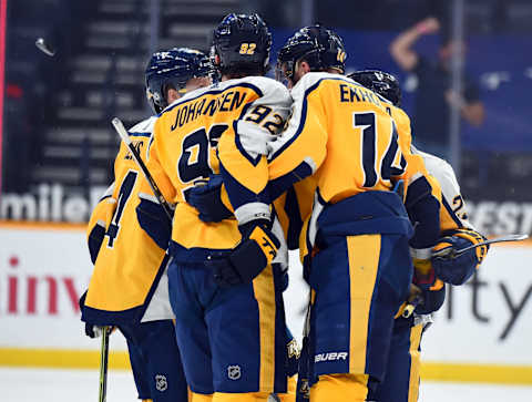 Nashville Predators players celebrate after a goal by Nashville Predators defenseman Mattias Ekholm (14) Mandatory Credit: Christopher Hanewinckel-USA TODAY Sports