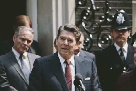 Ronald Reagan during a visit to 10 Downing Street in 1982.