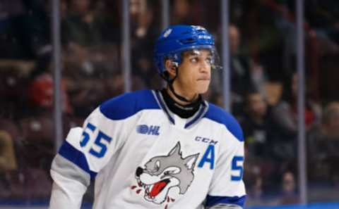 OSHAWA, ON – FEBRUARY 7: Quinton Byfield #55 of the Sudbury Wolves skates during an OHL game against the Oshawa Generals at the Tribute Communities Centre on February 7, 2020 in Oshawa, Ontario, Canada. (Photo by Chris Tanouye/Getty Images)