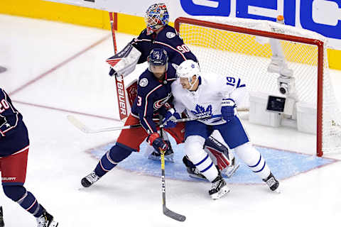 TORONTO, ONTARIO – AUGUST 06: Seth Jones #3 of the Columbus Blue Jackets and Jason Spezza #19 of the Toronto Maple Leafs  (Photo by Andre Ringuette/Freestyle Photo/Getty Images)