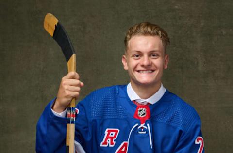 MONTREAL, QUEBEC – JULY 08: Adam Sykora, #63 pick by the New York Rangers, poses for a portrait during the 2022 Upper Deck NHL Draft at Bell Centre on July 08, 2022, in Montreal, Quebec, Canada. (Photo by Minas Panagiotakis/Getty Images)