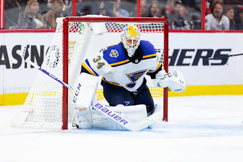 OTTAWA, ON – OCTOBER 10: St. Louis Blues Goalie Jake Allen (34) prepares to make a save during third period National Hockey League action between the St. Louis Blues and Ottawa Senators on October 10, 2019, at Canadian Tire Centre in Ottawa, ON, Canada. (Photo by Richard A. Whittaker/Icon Sportswire via Getty Images)