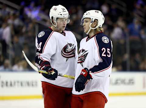 NEW YORK, NY – JANUARY 31: Josh Anderson #34 and William Karlsson #25 of the Columbus Blue Jackets talk before a face off in the third period against the New York Rangers on January 31, 2016 at Madison Square Garden in New York City. The Columbus Blue Jackets defeated the New York Rangers 6-4. (Photo by Elsa/Getty Images)