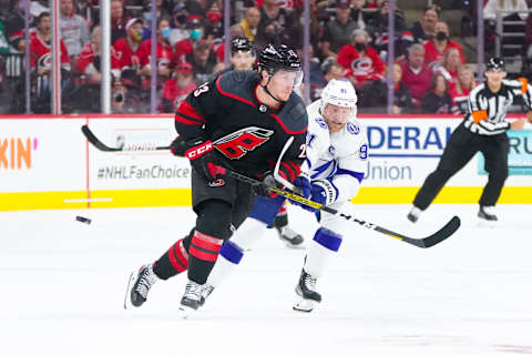 Brock McGinn #23, Carolina Hurricanes Mandatory Credit: James Guillory-USA TODAY Sports