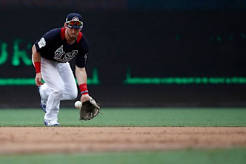 WASHINGTON, DC – JULY 15: Brendan Rodgers #1 of the Colorado Rockies and the U.S. Team makes a play during the SiriusXM All-Star Futures Game at Nationals Park on July 15, 2018 in Washington, DC. (Photo by Patrick McDermott/Getty Images)