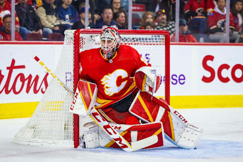 Oct 20, 2022; Calgary, Alberta, CAN; Calgary Flames goaltender Jacob Markstrom (25) guards his net against the Buffalo Sabres during the first period at Scotiabank Saddledome. Mandatory Credit: Sergei Belski-USA TODAY Sports