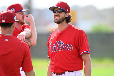 Feb 17, 2023; Clearwater, FL, USA; Philadelphia Phillies pitcher Aaron Nola (27) prepares to warm up during spring training. Mandatory Credit: Jonathan Dyer-USA TODAY Sports