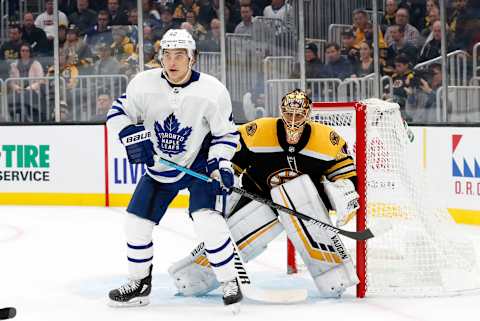 BOSTON, MA – OCTOBER 22: Toronto Maple Leafs left wing Trevor Moore (42) sets up in front off Boston Bruins goalie Tuukka Rask (40) on the power play during a game between the Boston Bruins and the Toronto Maple Leafs on October 22, 2019, at TD Garden in Boston, Massachusetts. (Photo by Fred Kfoury III/Icon Sportswire via Getty Images)