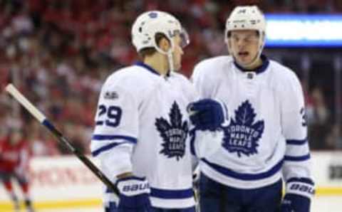 Apr 13, 2017; Washington, DC, USA; Toronto Maple Leafs right wing William Nylander (29) talks with Maple Leafs center Auston Matthews (34) against the Washington Capitals in game one of the first round of the 2017 Stanley Cup Playoffs at Verizon Center. Mandatory Credit: Geoff Burke-USA TODAY Sports