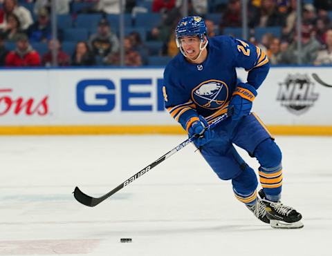 BUFFALO, NY – FEBRUARY 17: Dylan Cozens #24 of the Buffalo Sabres during the game against the Ottawa Senators at KeyBank Center on February 17, 2022 in Buffalo, New York. (Photo by Kevin Hoffman/Getty Images)