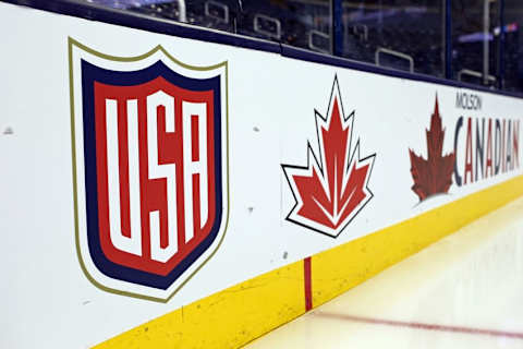 Sep 9, 2016; Columbus, OH, USA; A view of the Team USA and Team Canada logos on the boards prior to the World Cup of Hockey pre-tournament game at Nationwide Arena. Mandatory Credit: Aaron Doster-USA TODAY Sports