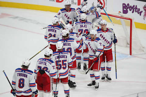 The New York Rangers celebrate after defeating the Vegas Golden Knights