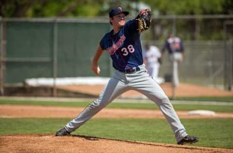 FORT MYERS, FL- MARCH 15: Kohl Stewart #38 of the Minnesota Twins pitches during minor league spring training on March 15, 2015 at the CenturyLink Sports Complex in Fort Myers, Florida. (Photo by Brace Hemmelgarn/Minnesota Twins/Getty Images)