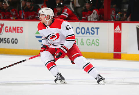 NEWARK, NJ – FEBRUARY 15: Joakim Nordstrom #42 of the Carolina Hurricanes skates during the game against the New Jersey Devils at Prudential Center on February 15, 2018 in Newark, New Jersey. (Photo by Andy Marlin/NHLI via Getty Images)