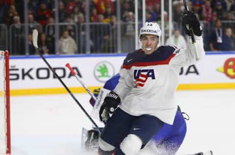 COLOGNE, GERMANY – MAY 08: Johnny Gaudreau of USA celebrates scoring his team’s second goal during the 2017 IIHF Ice Hockey World Championship game between USA and Sweden at Lanxess Arena on May 8, 2017 in Cologne, Germany. (Photo by Martin Rose/Getty Images)